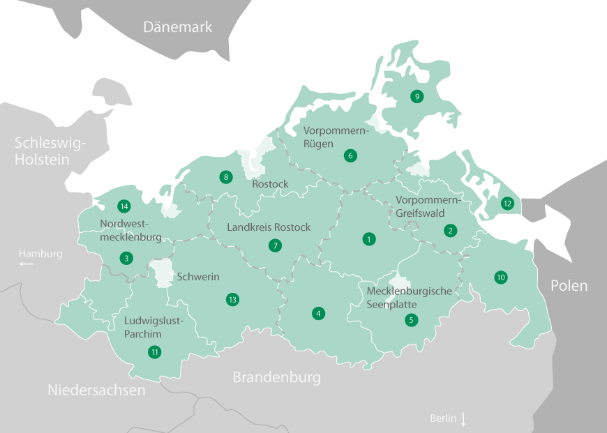   Karte: LEADER-Regionen 2014 bis 2020 (n+3) in Mecklenburg-Vorpommern - Lokale Aktionsgruppen und Gebietskulisse