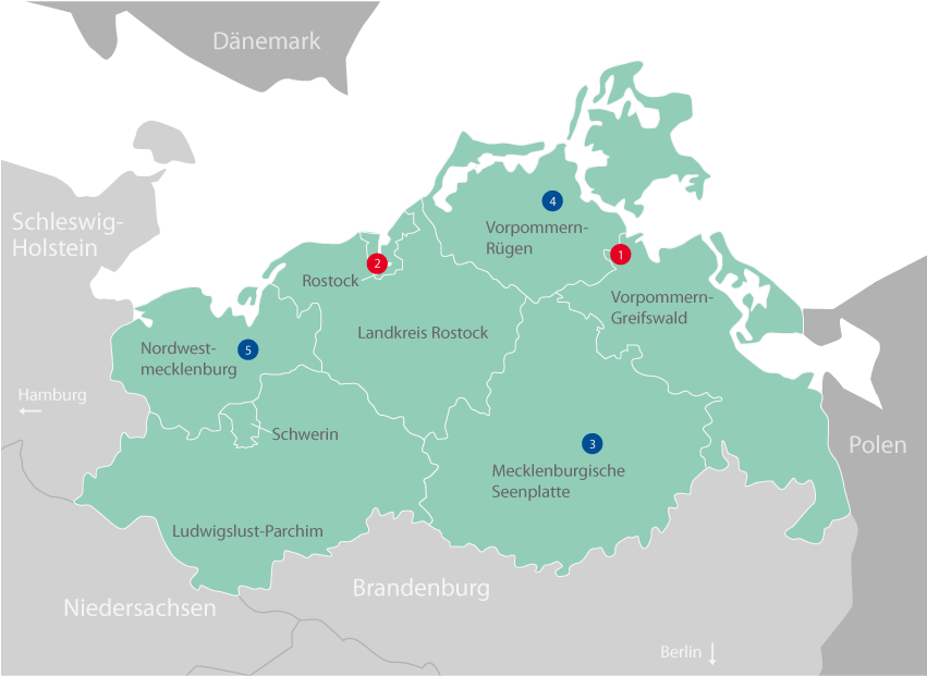 Karte der Hochschulstandorte in Mecklenburg-Vorpommern