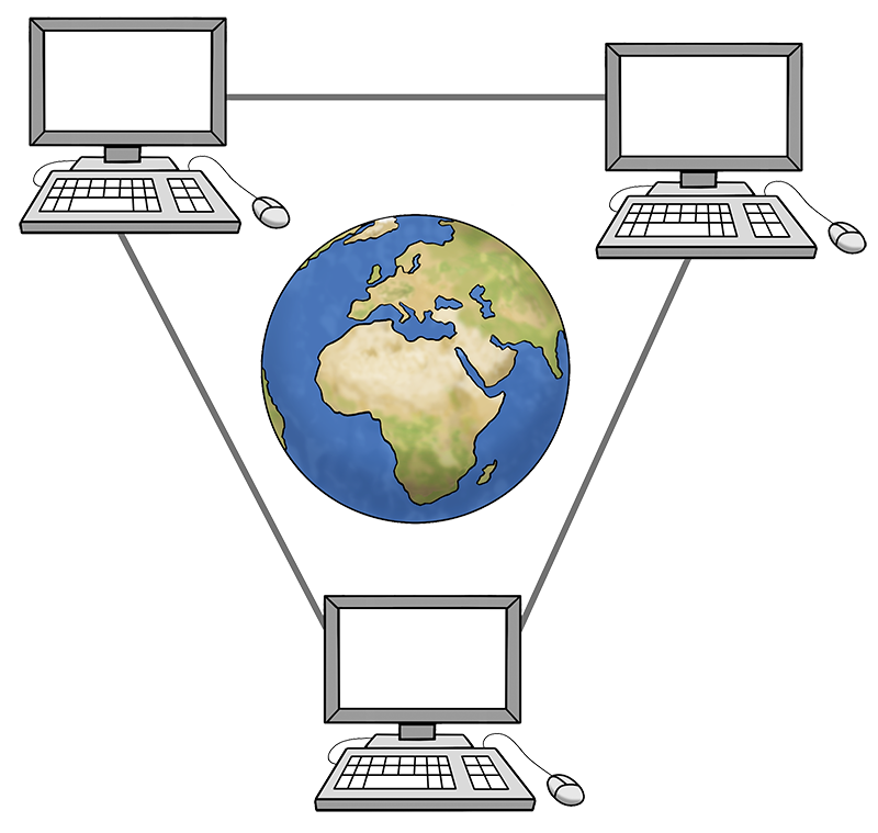 Die Zeichnung zeigt drei verbundene Rechner und eine Weltkugel in der Mitte.