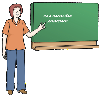 Eine Zeichnung von einer Schullehrerin an einer Tafel.