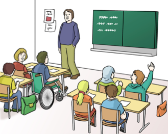 Eine Zeichnung von einem Klassen-Zimmer mit einem Lehrer und Schülern.