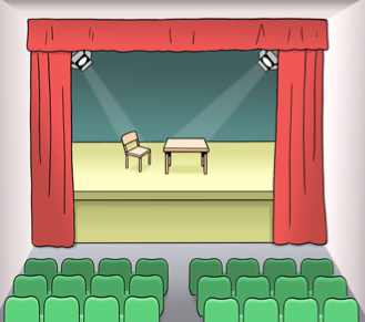 Eine Zeichnung von einem Theater mit einer Bühne und Stühlen. Auf der Bühne stehen ein Tisch und Stuhl.
