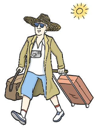 Eine Zeichnung von einem Touristen mit zwei Koffern, einer Sonnenbrille, einem Hut und einem Foto-Apparat. Im Hintergrund strahlt eine kleine Sonne.