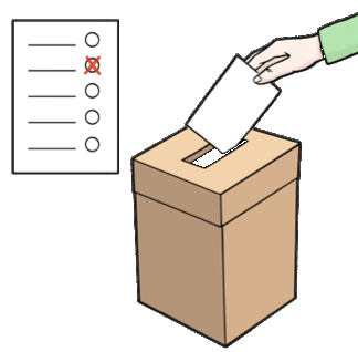 Eine Zeichnung von einem Stimmzettel. Ein Wähler wirft den Stimmzettel in eine Wahlurne.