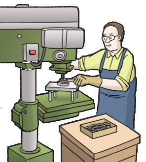 Eine Zeichnung von einem Metallbauer an einer Standbohrmaschine.