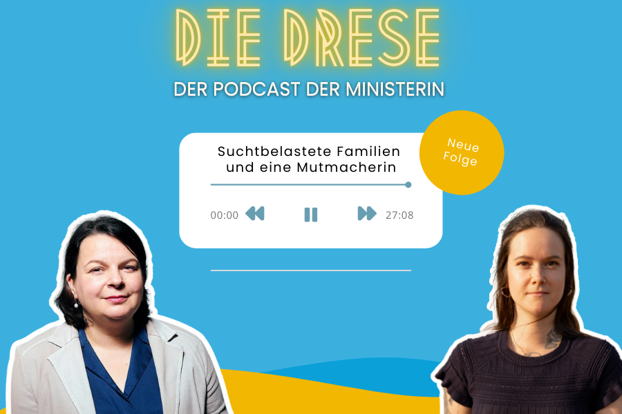 Illustration des Podcastcovers mit der Ministerin und dem Gast Maria Reuter