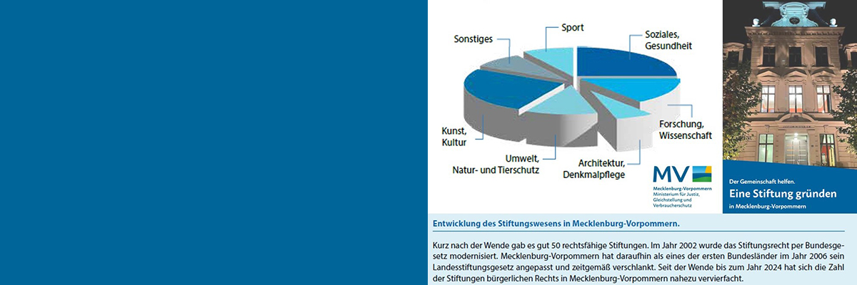 Grafik zum Stiftungswesen in Mecklenburg-Vorpommern, unter anderem mit einem Torten-Diagramm, das die Verteilung der Stiftungen auf die verschiedenen Bereiche zeigt.