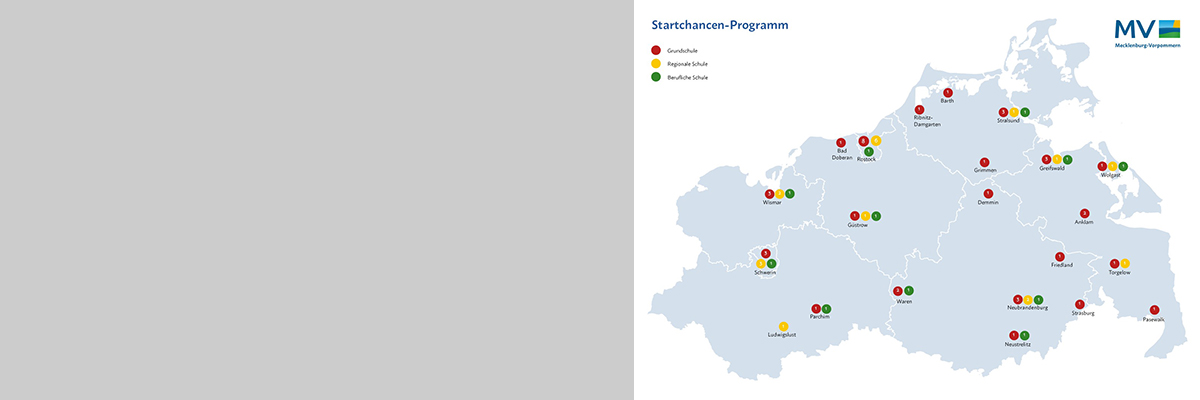 Landkarte von Mecklenburg-Vorpommern mit den Standorten des Startchancen-Programms, farblich unterschieden nach Grundschulen (rot markiert), Regionalen Schulen (gelb) sowie Beruflichen Schulen (grün).