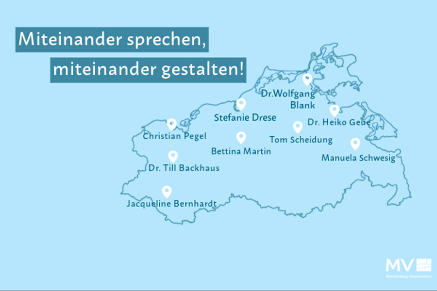 Die MV-Karte zeigt die Verteilung der Bürgerforen mit den Mitgliedern der Landesregierung über das ganze Land. Über der Karte steht das Motto "Miteinander sprechen, miteinander gestalten!"