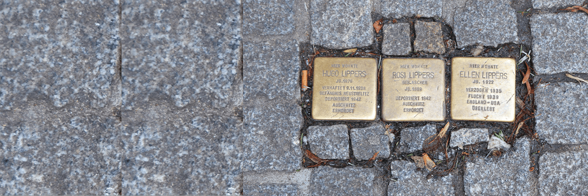 Bild von drei in einen Gehweg eingelassenen Stolpersteinen